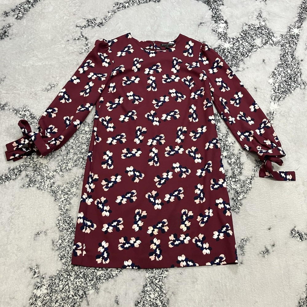 Banana Republic Floral Shift Dress Womens Size‎ 6 Burgundy Tie Sleeve Career